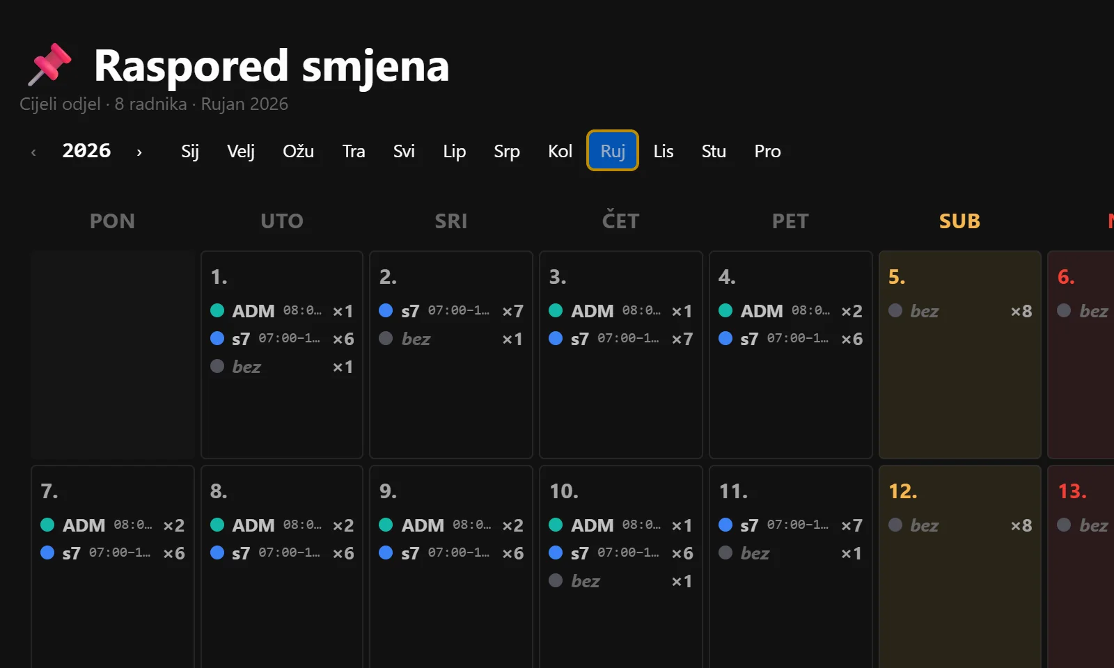 Raspored smjena, tamna tema