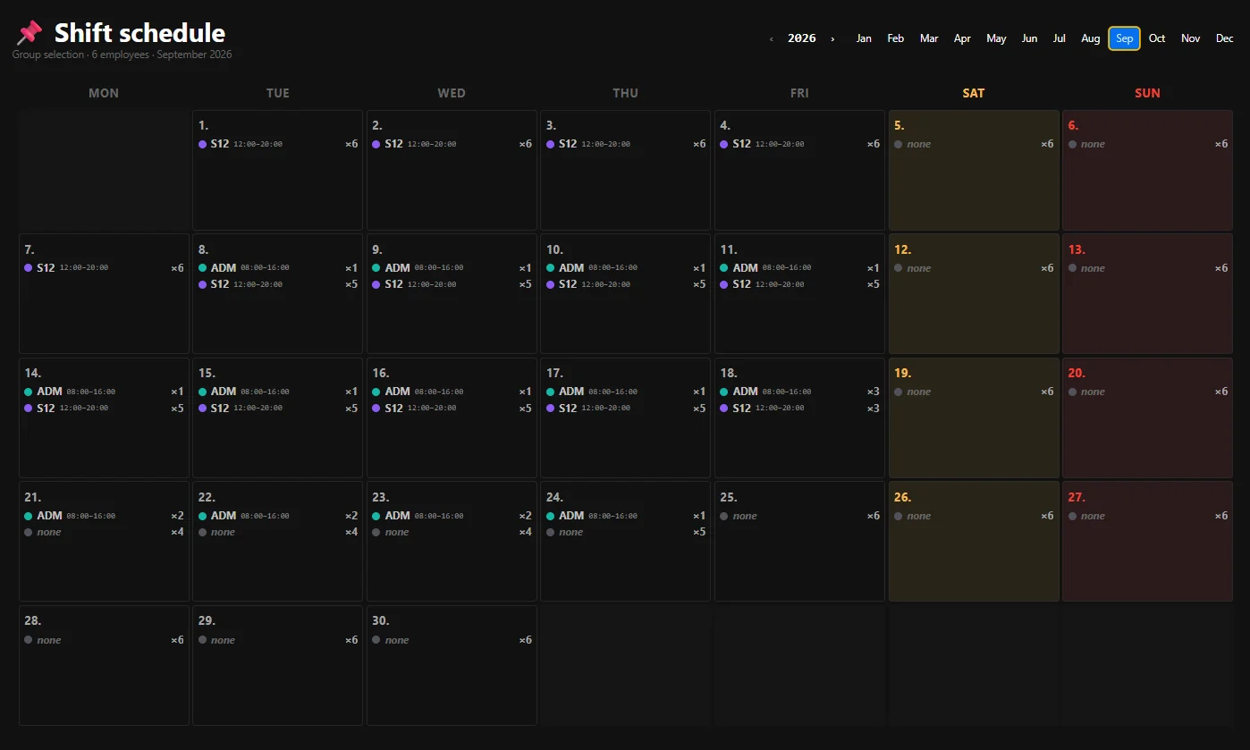 Shift schedule, dark theme