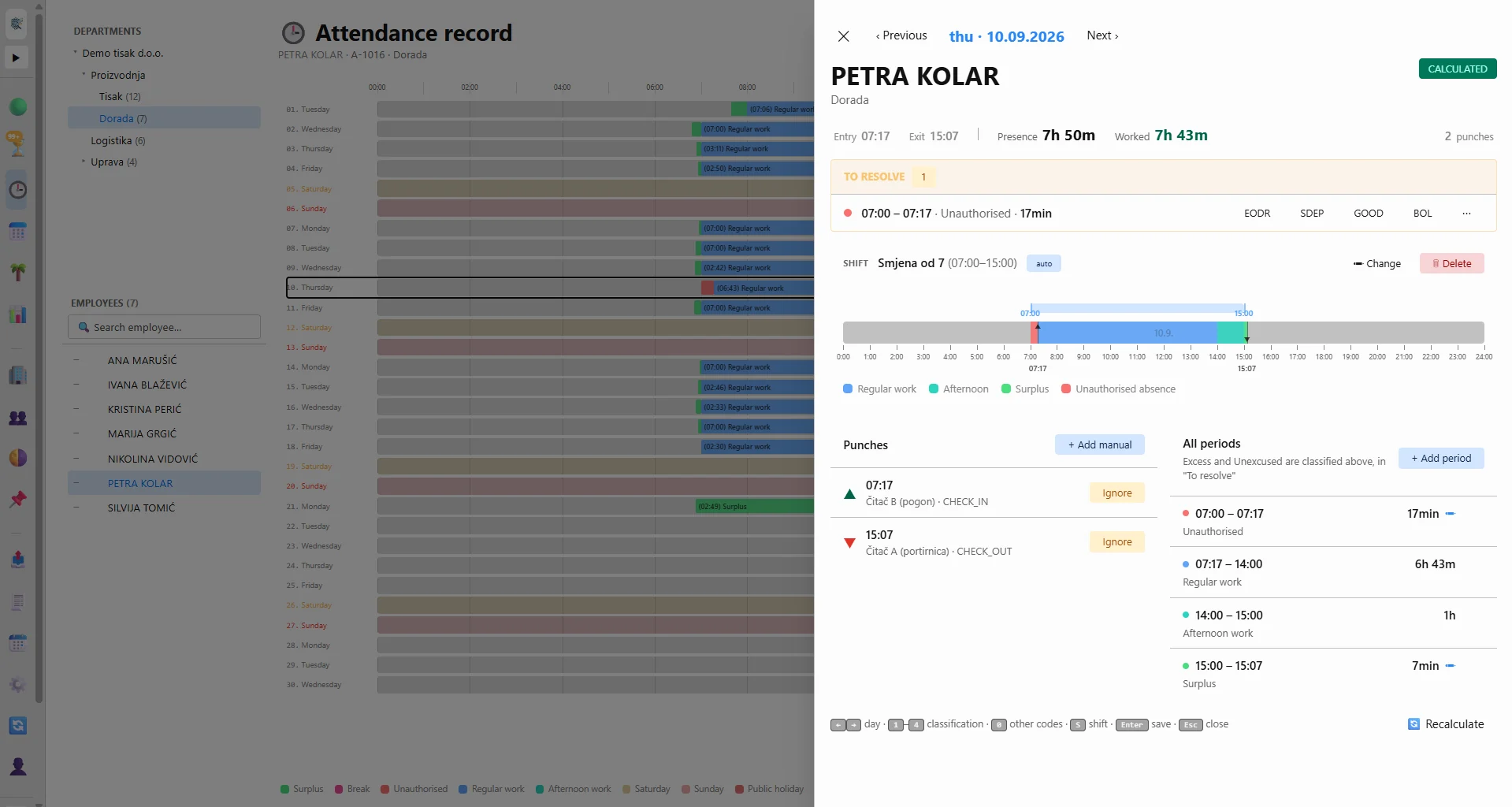 Evidence, light theme — the same view: monthly timelines and the day panel